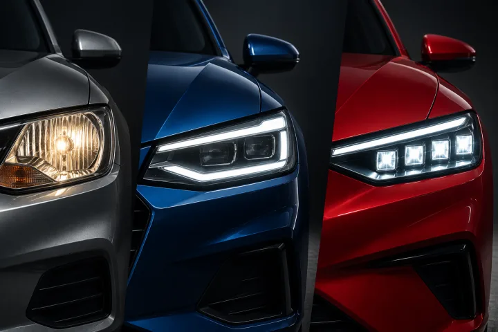 Illustration of three car headlights with different lighting technologies against a neutral background