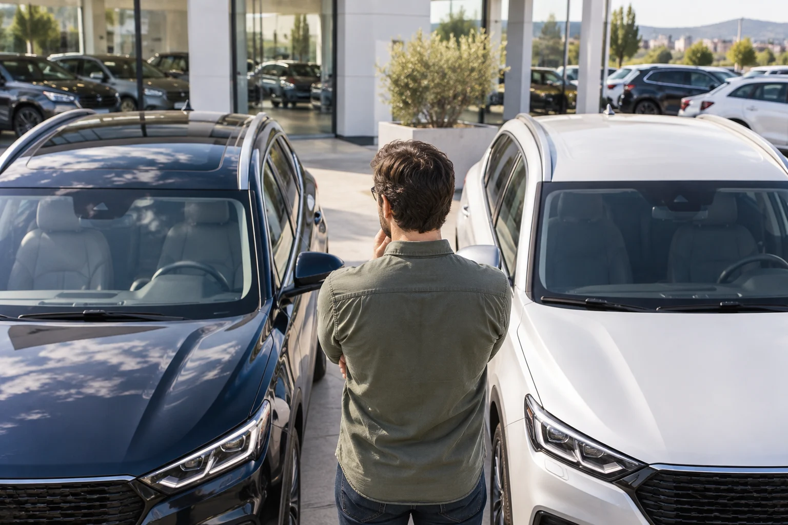 Person comparing a car’s specification sheet beside a panoramic glass roof