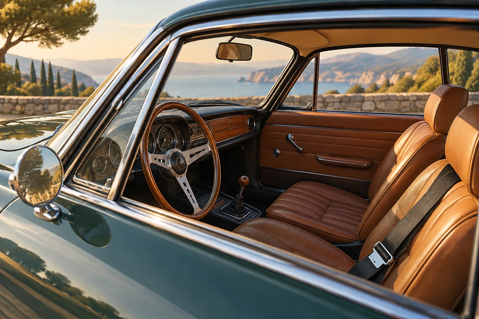 Illustration eines historischen Autos mit sichtbarem Dreipunktgurt auf dem Sitz