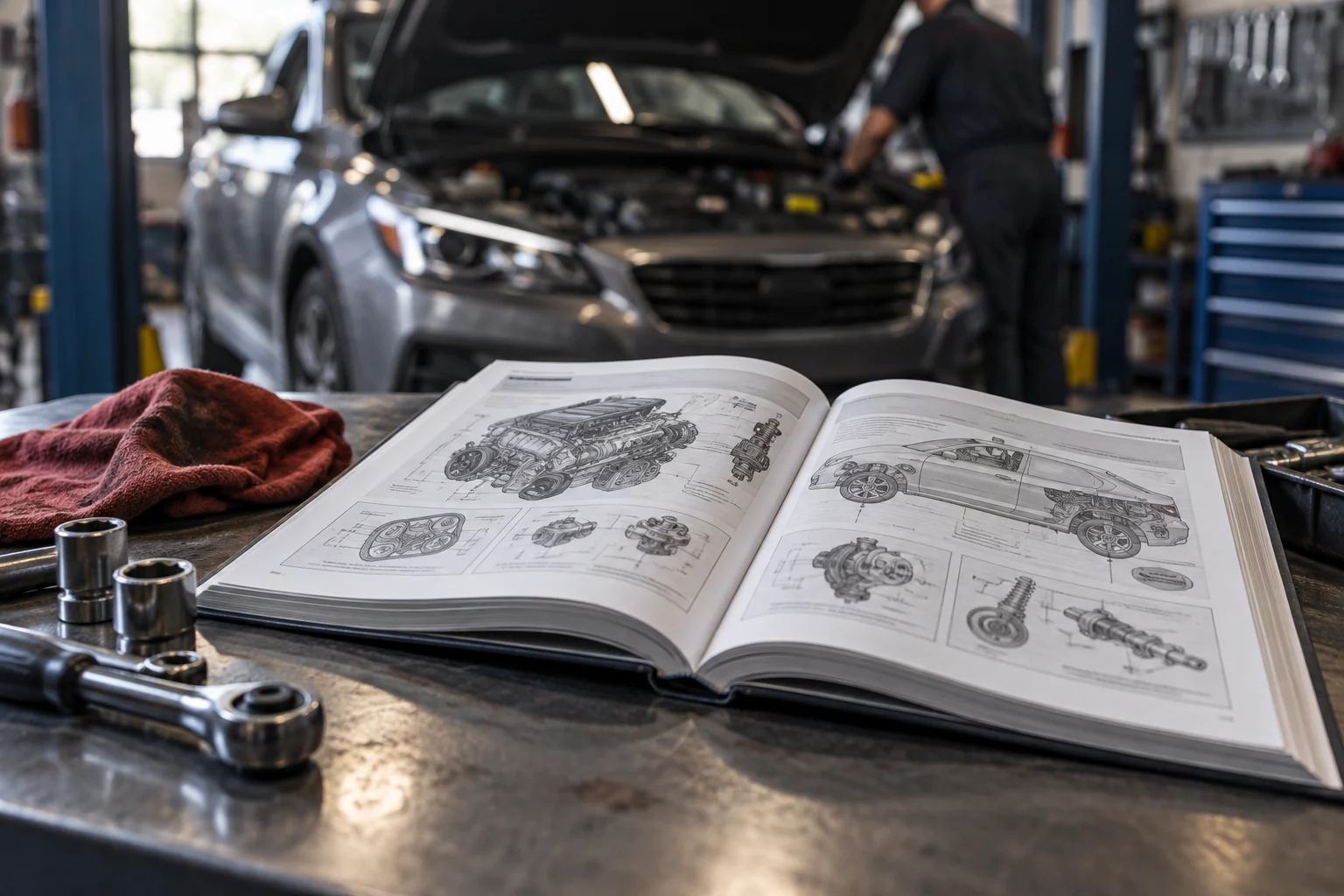 Manuale d’uso aperto in officina accanto a un’auto.