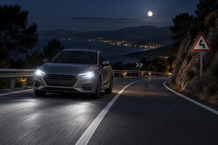Car driving at night on a road, with its headlights illuminating the carriageway