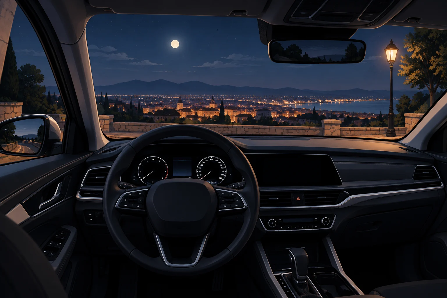 Saubere Windschutzscheibe und Rückspiegel eines Autos bei Nacht