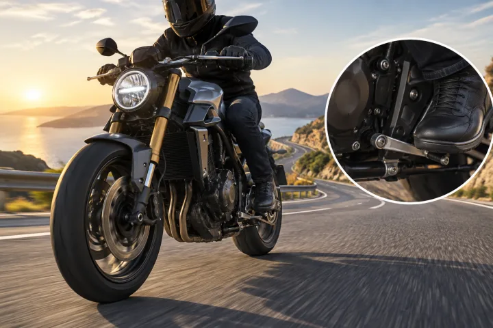 Motorcyclist changing gear on a motorcycle on an open road