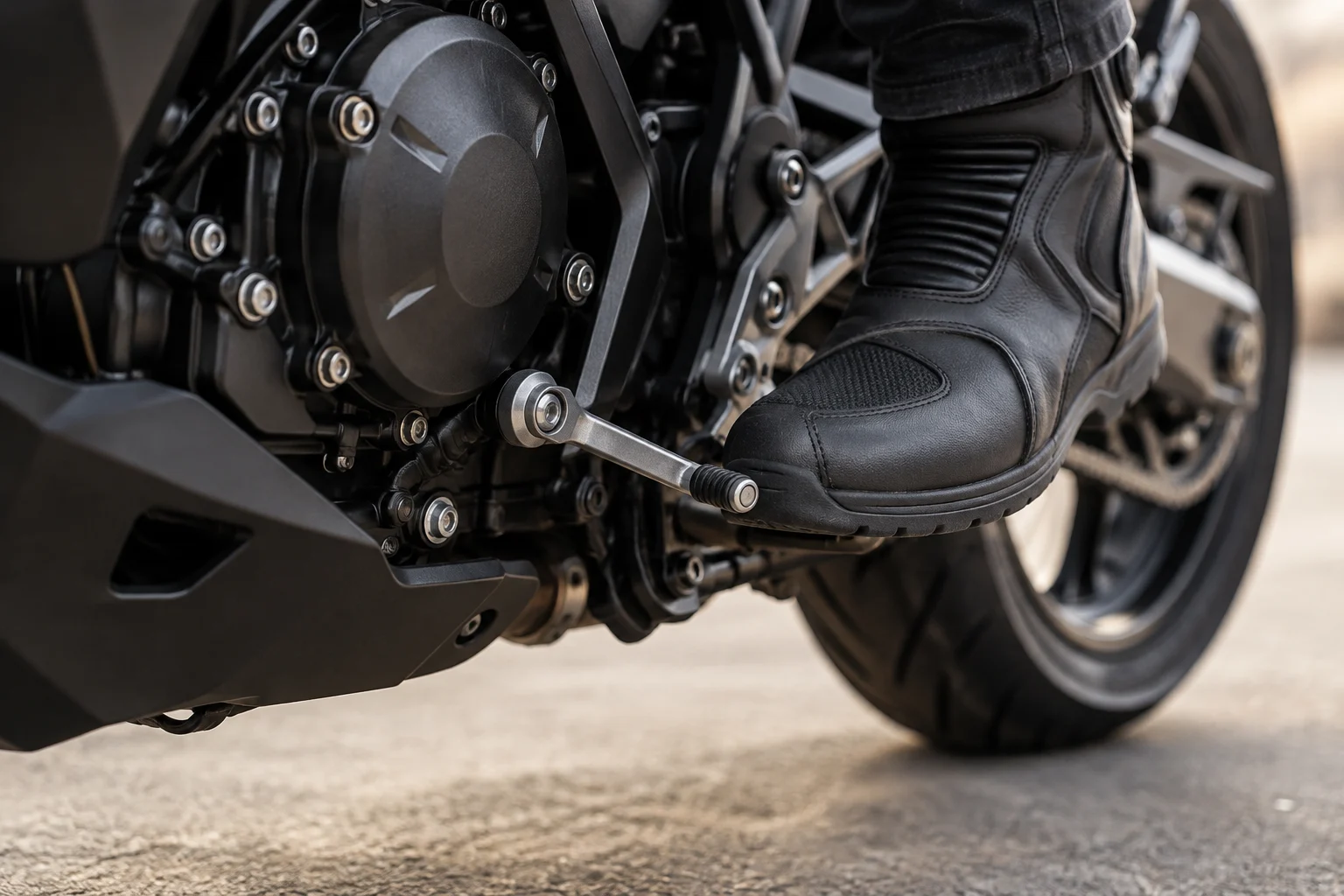 Dettaglio della leva del cambio e del piede di un motociclista accanto a una moto