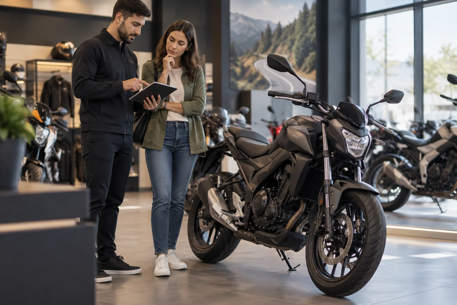 Acquirente che confronta la documentazione di una moto con le informazioni dell’annuncio