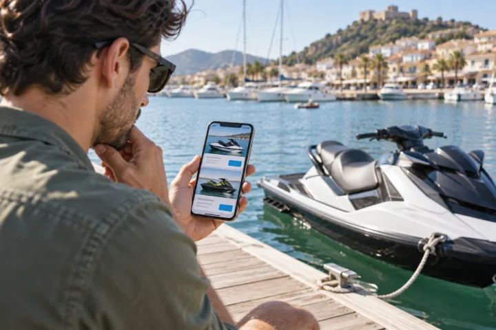 Two people prepare a jet ski beside a pier while checking the terms of a booking.