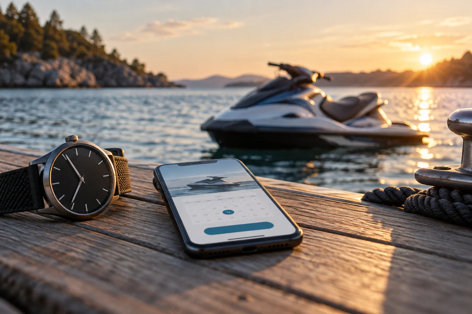 A person checks their booking time beside a marina.