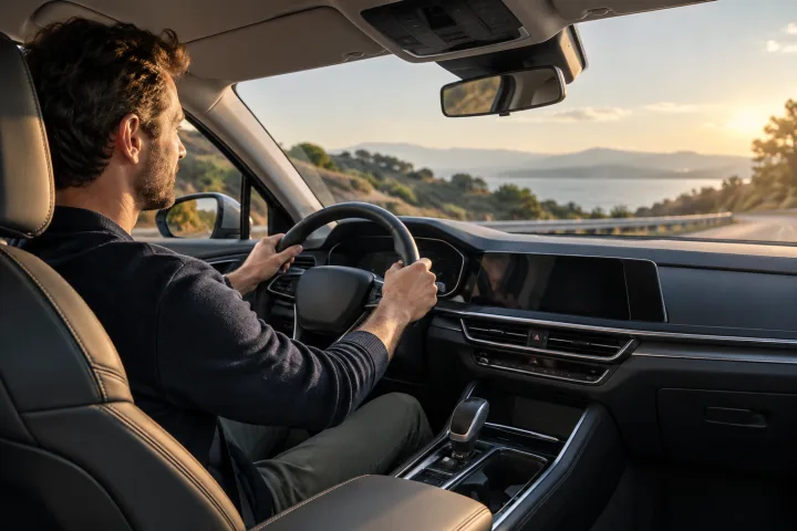 Fahrer am Steuer eines modernen Autos, vom Beifahrersitz aus gesehen