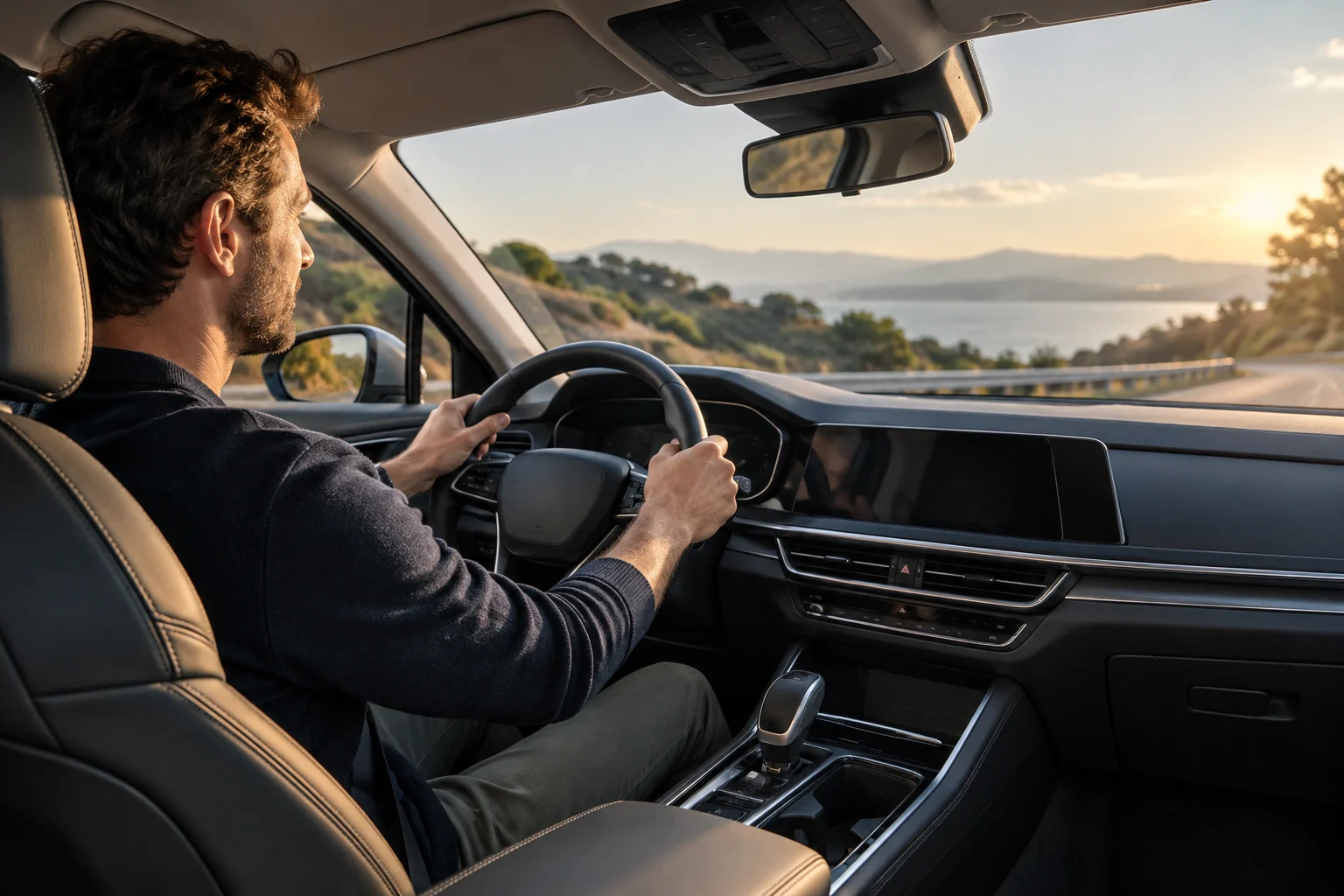 Driver sitting at the wheel of a modern car, viewed from the passenger seat