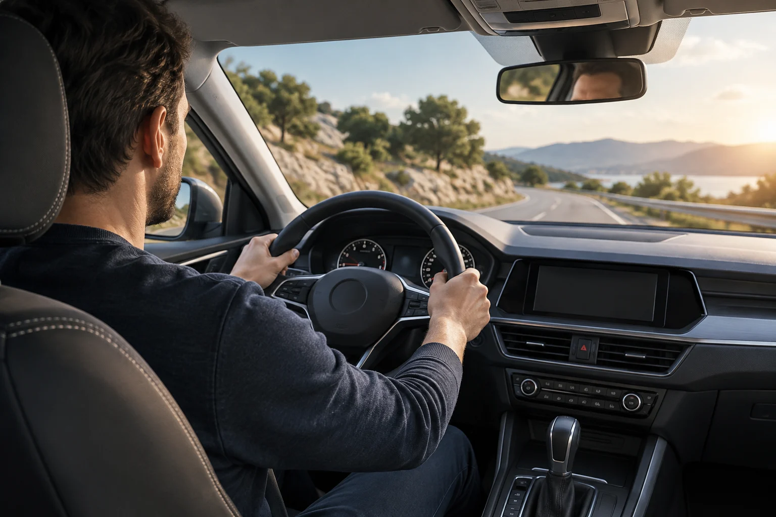 Driver sitting at the wheel of a generic car