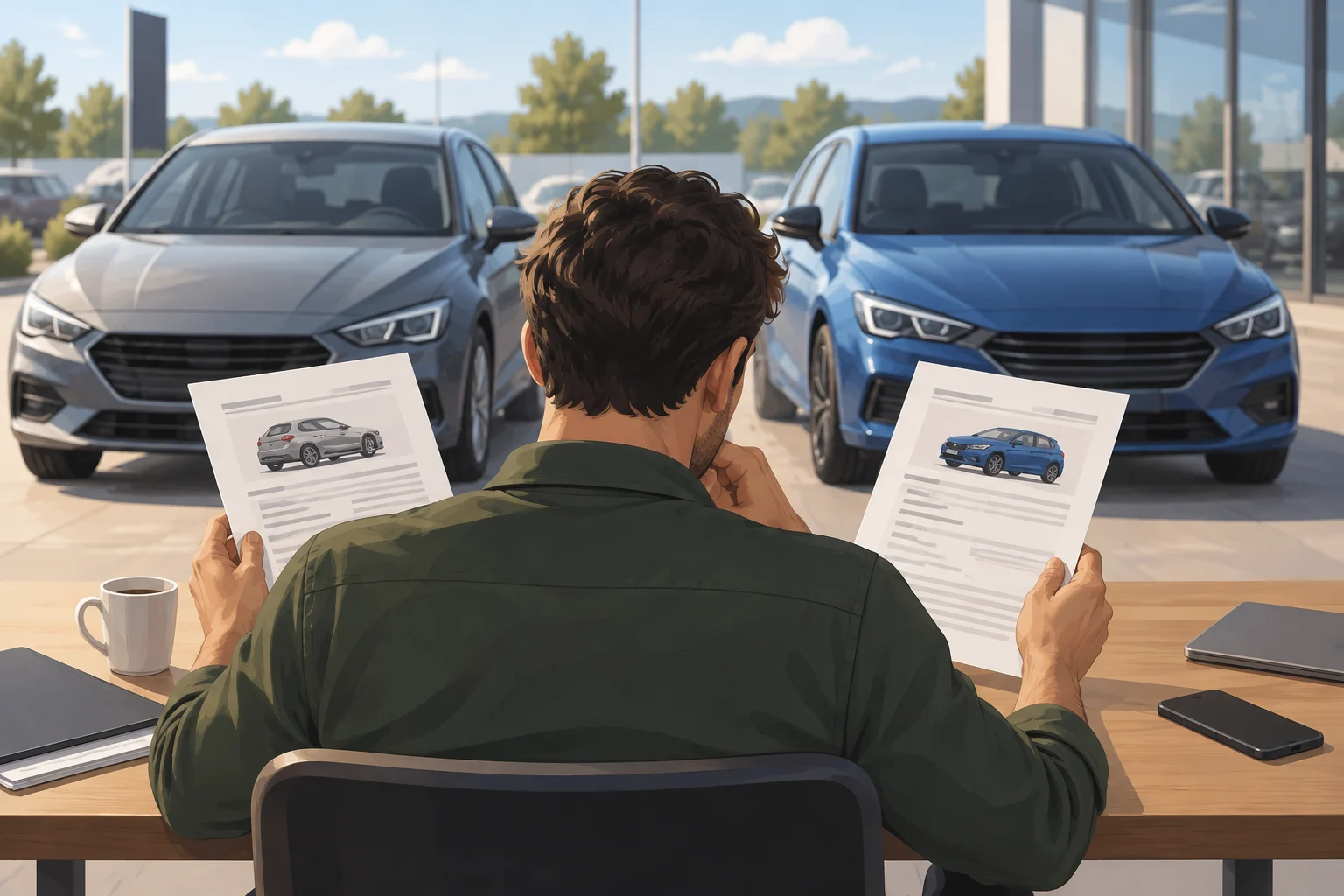 Person comparing the documentation of two generic cars