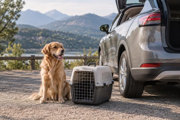 Ein Haustier neben einer Transportbox und einem geparkten Auto; die Befestigung des Sicherungssystems ist nicht zu sehen