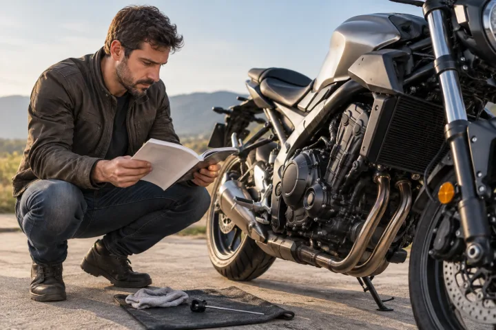 Una persona consulta il manuale di una motocicletta parcheggiata in uno spazio libero.