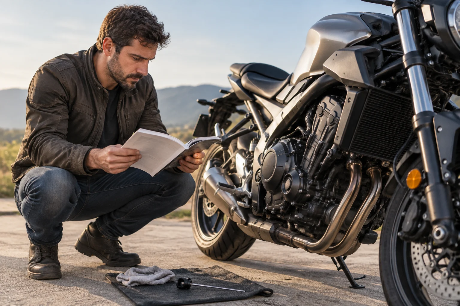 Une personne consulte le manuel d’une moto stationnée dans un espace dégagé.