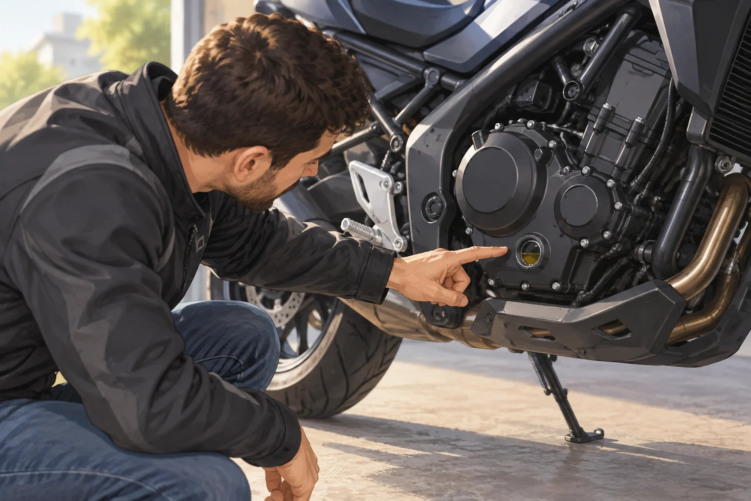 Une personne observe le hublot d’huile d’une moto.