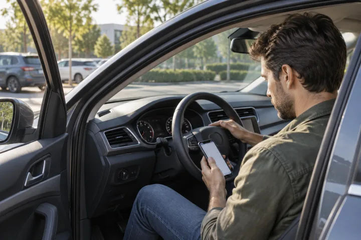 Driver with parked car noting a dashboard warning on their phone to explain it to the workshop.