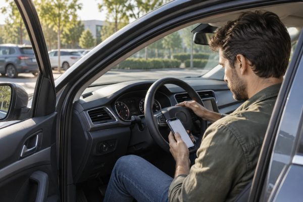 Conducente con l'auto parcheggiata annota sul telefono un avviso del cruscotto per spiegarlo all'officina.
