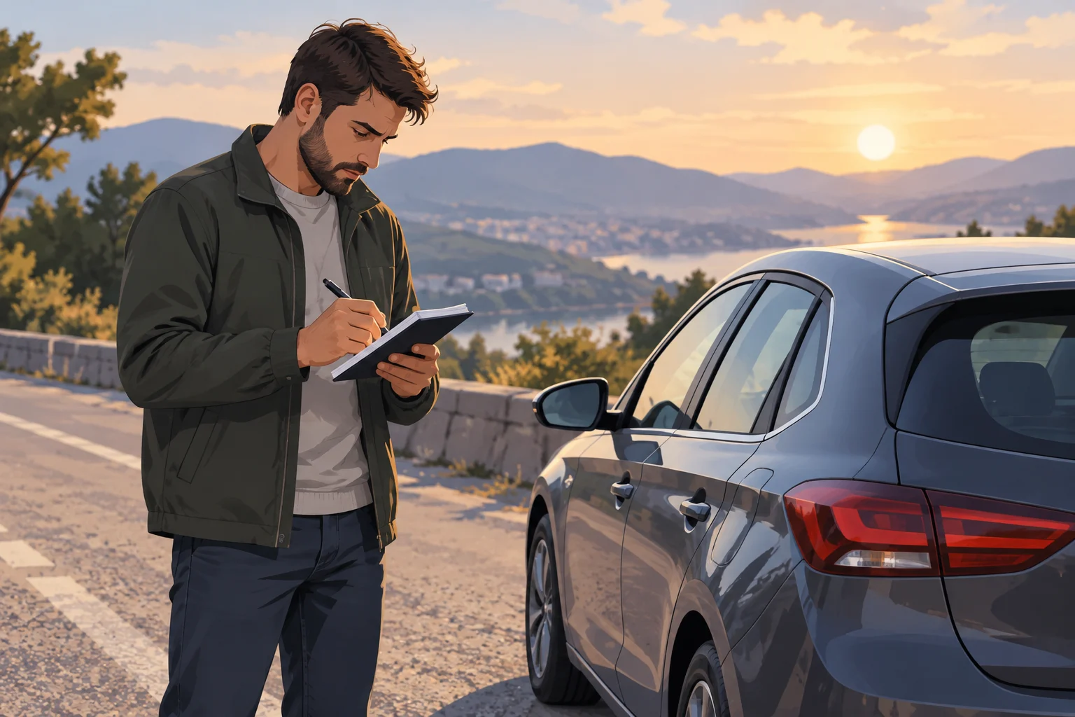 Person with parked car records when a symptom appeared in a notebook.