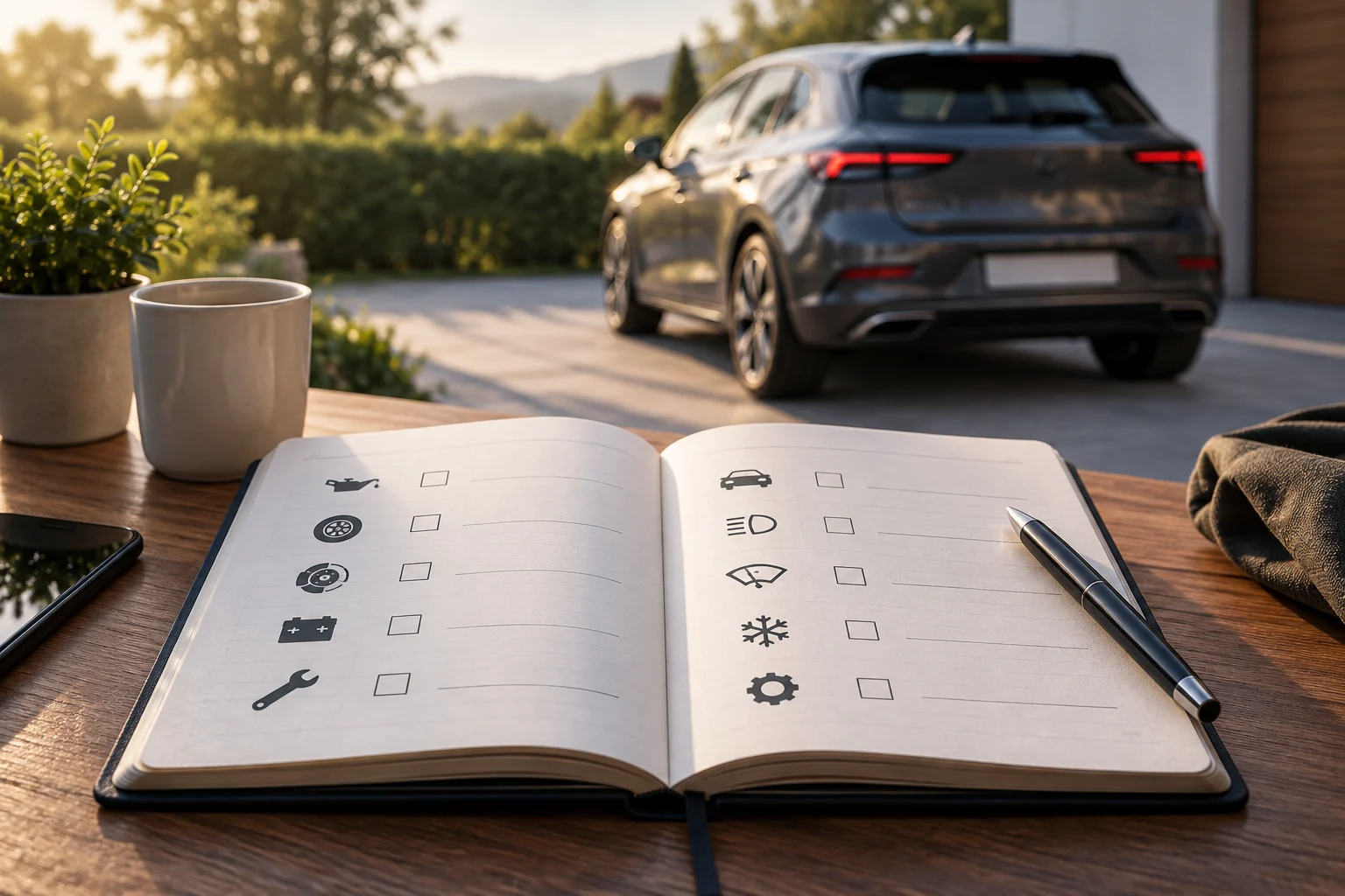 Notebook prepared to record fault episodes next to a parked car.