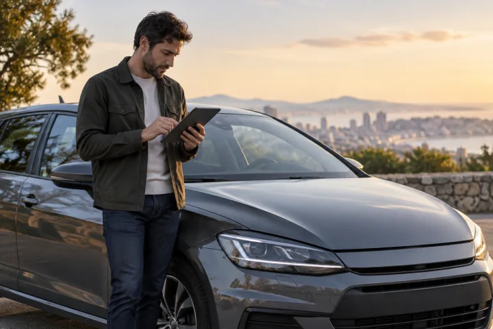Person consulting information on a screen next to a parked car