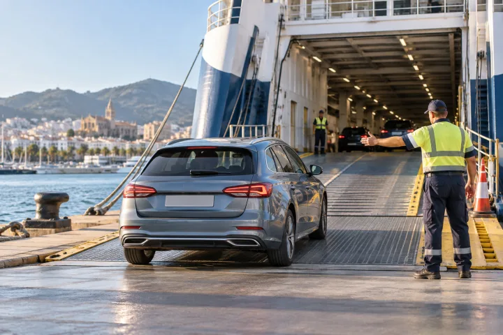 Car prepared to board a ferry while port staff directs the boarding.