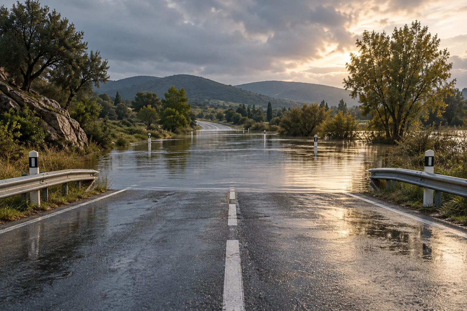 Section de route couverte par l'eau