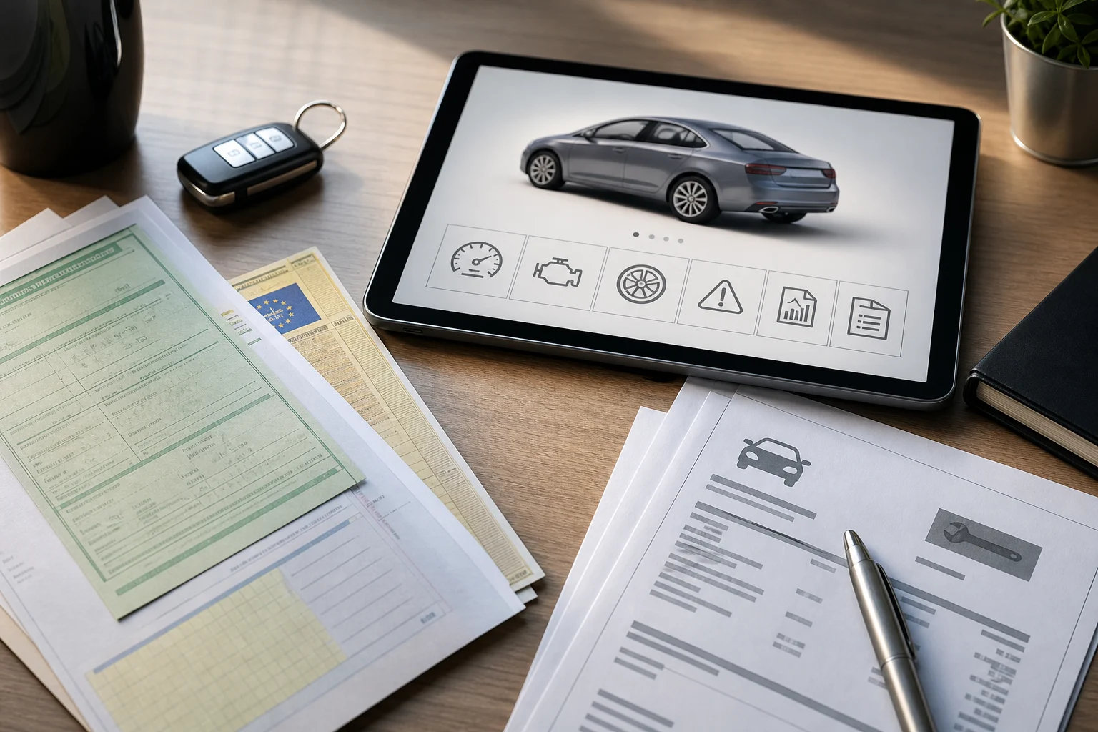 Used-car documentation compared with a vehicle report on a tablet