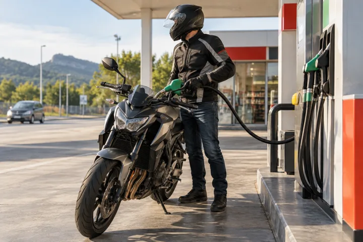 Motorcycle next to a gasoline pump at a service station