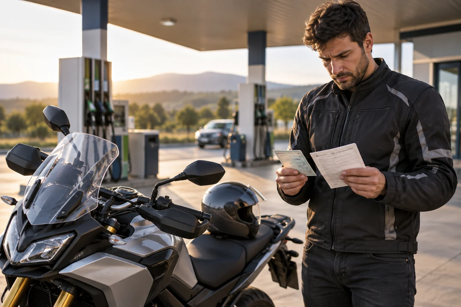 Motorcyclist reviewing motorcycle documentation next to a service station