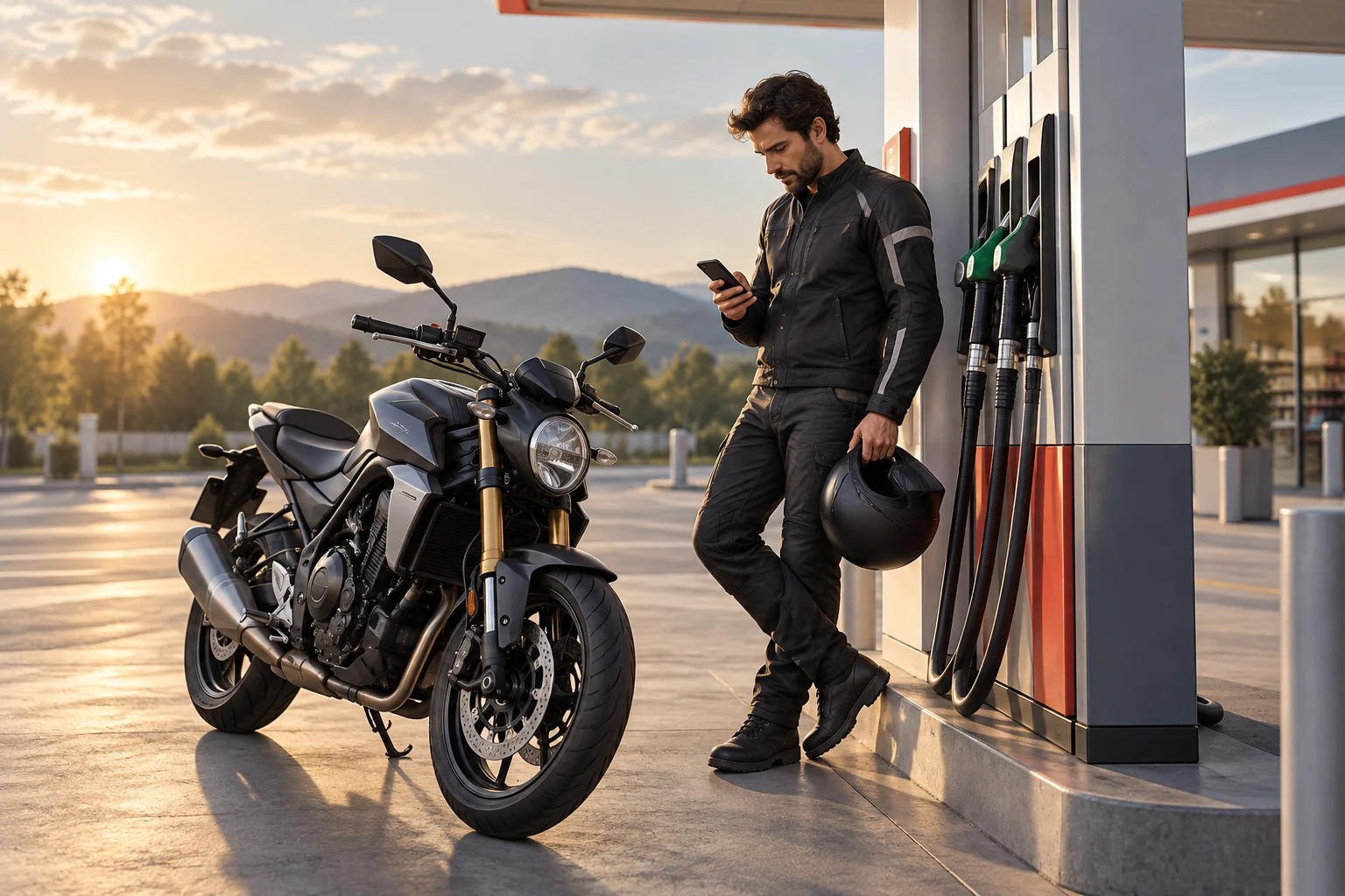 Person checking information next to a motorcycle at a service station