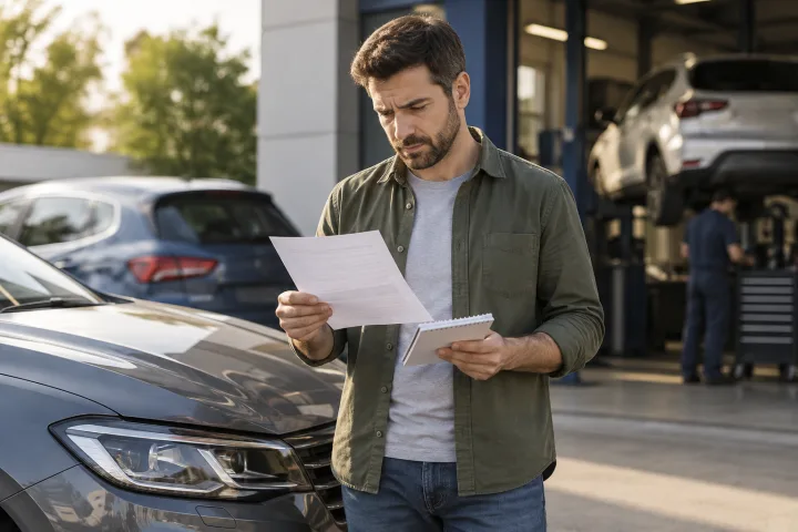 Une propriétaire compare un devis de réparation aux coûts liés au changement de voiture, près de son véhicule.