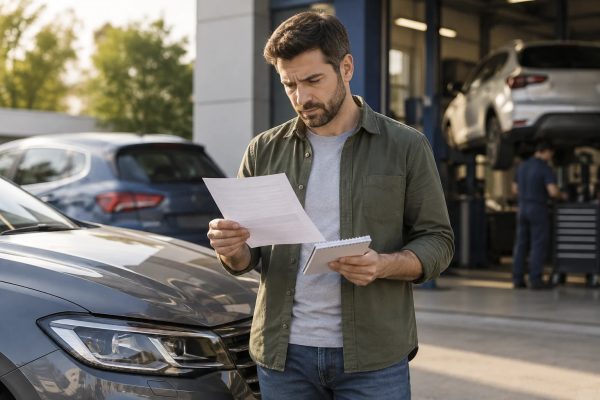 Proprietária compara um orçamento de reparação com os custos de trocar de carro junto ao seu veículo.