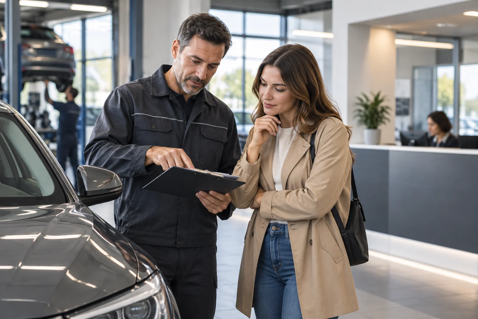 Un cliente esamina un preventivo di riparazione accanto a un’auto.
