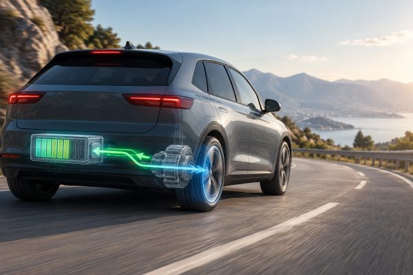 Carro elétrico a desacelerar numa estrada, enquanto um gráfico simples representa a energia que regressa à bateria