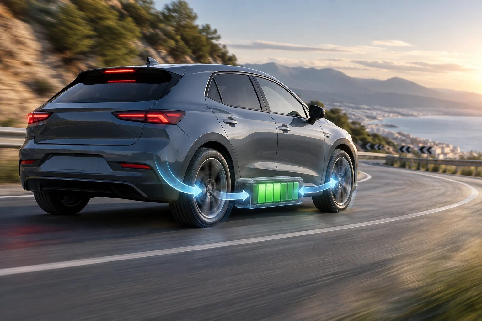 Schéma d’une voiture qui ralentit et transforme l’énergie de son mouvement en électricité stockée dans sa batterie