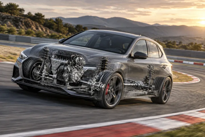 Modern car seen from a three-quarter angle taking a corner on a closed track.