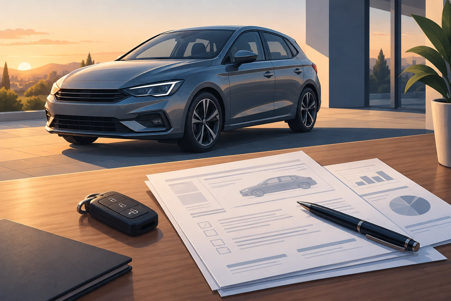 Une voiture stationnée près de documents sans texte lisible.