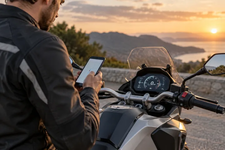 Motorcyclist stopped next to a bike while consulting information on a screen
