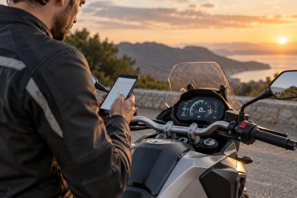 Motociclista parado junto a uma mota enquanto consulta informação num ecrã