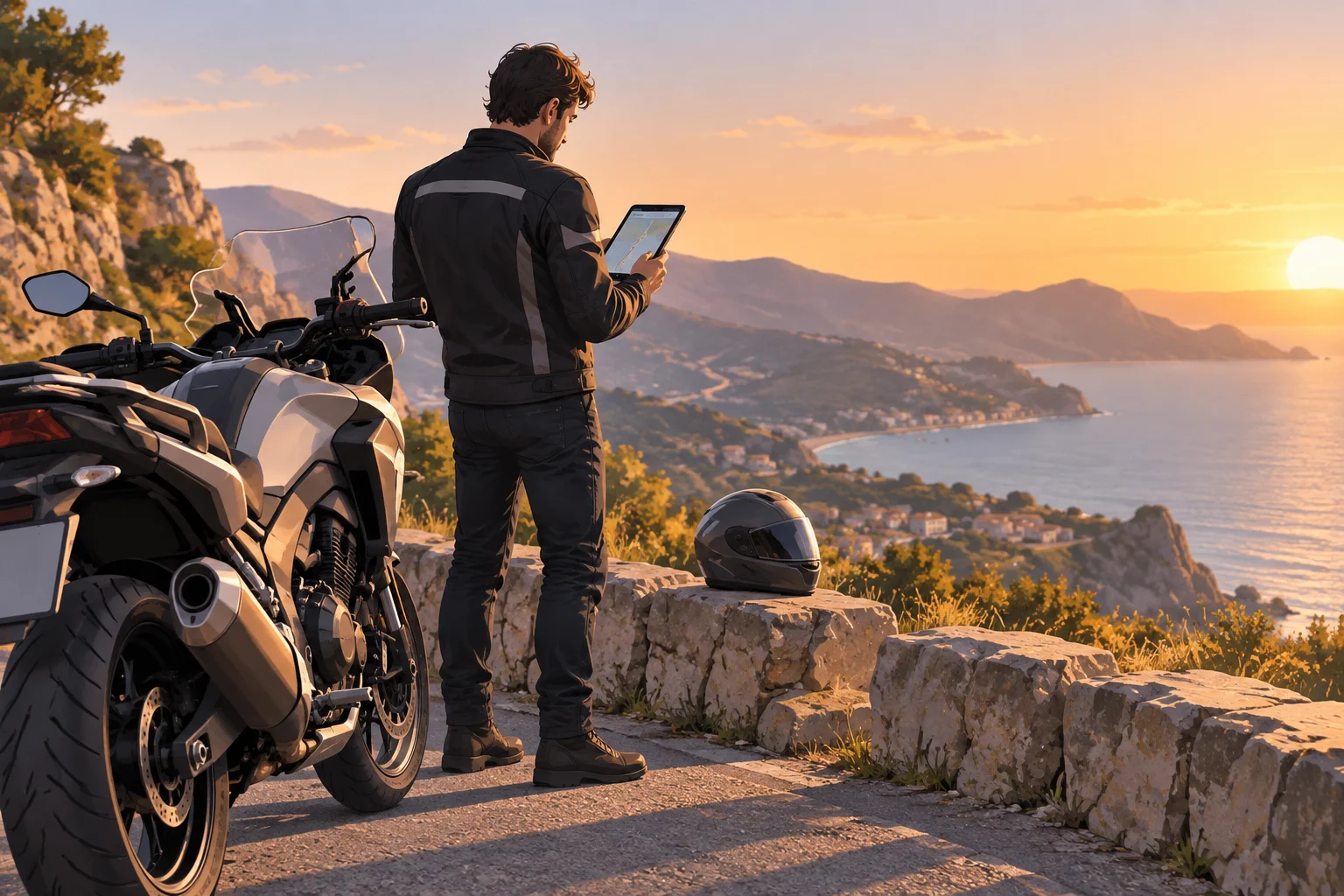 Person consulting information next to a parked motorcycle