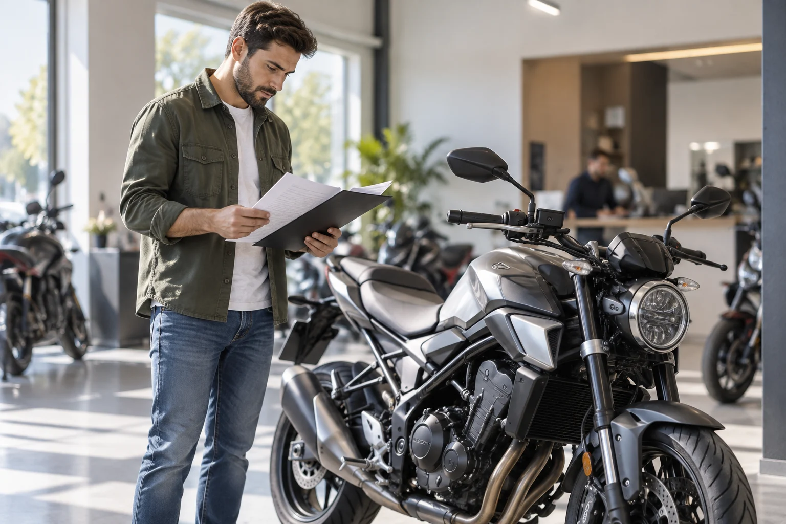 Buyer consulting documents next to a parked used motorcycle