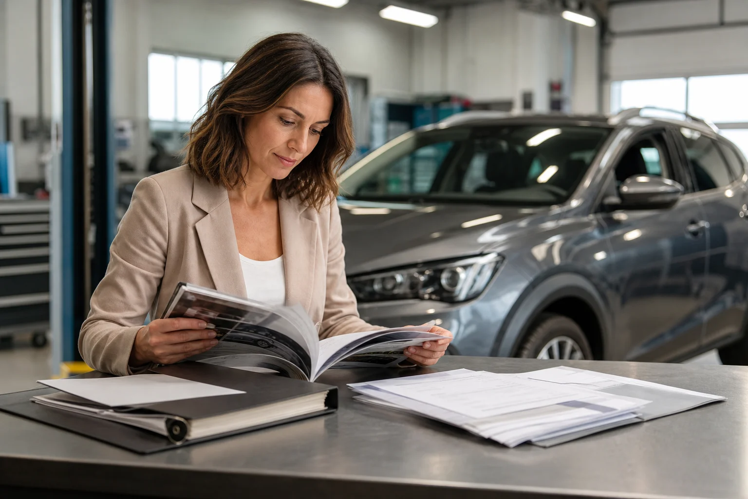 Owner consulting the manual and maintenance invoices beside a parked car.