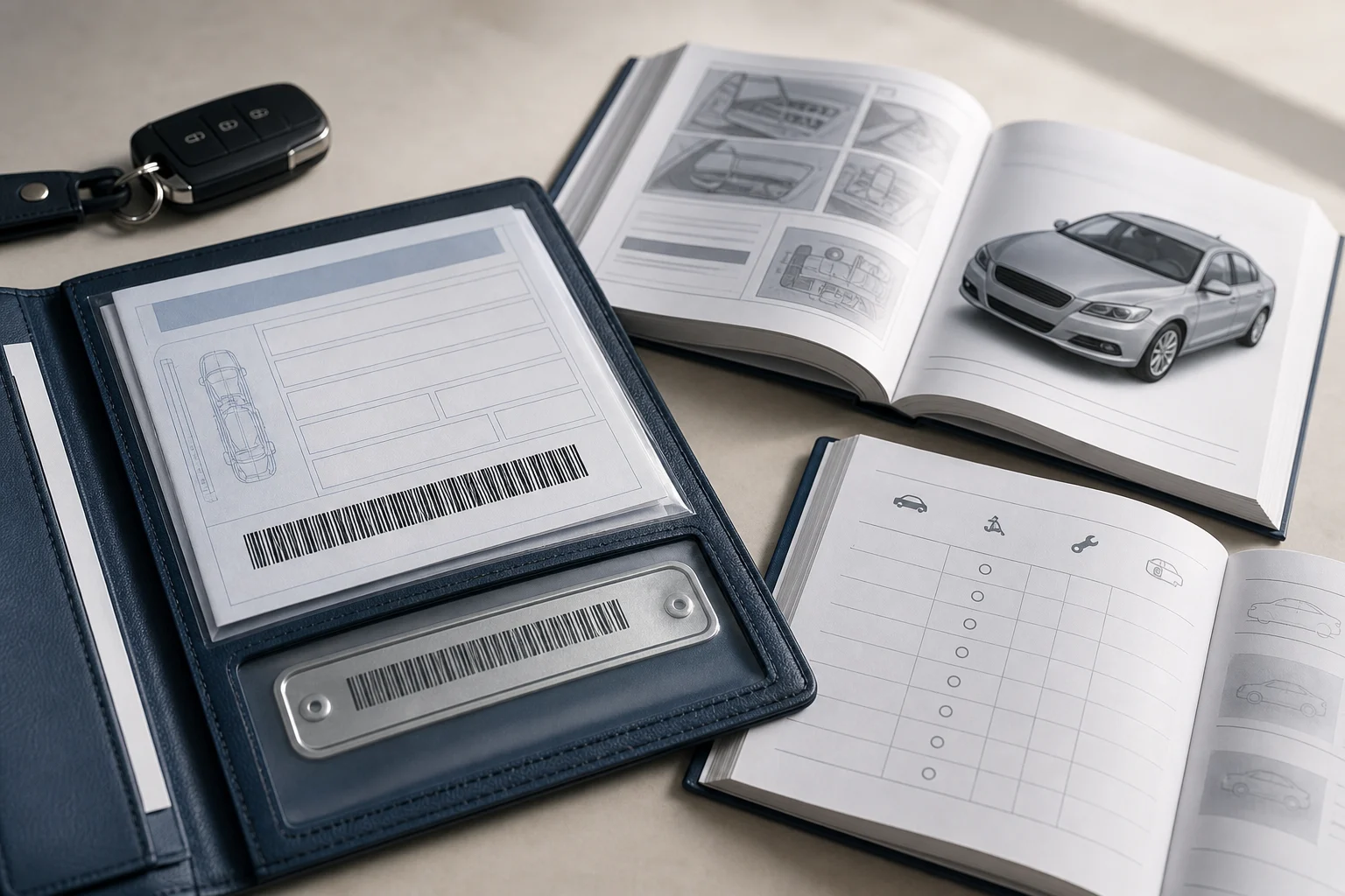 Car documentation with the vehicle identification number concealed and the owner's manual open.