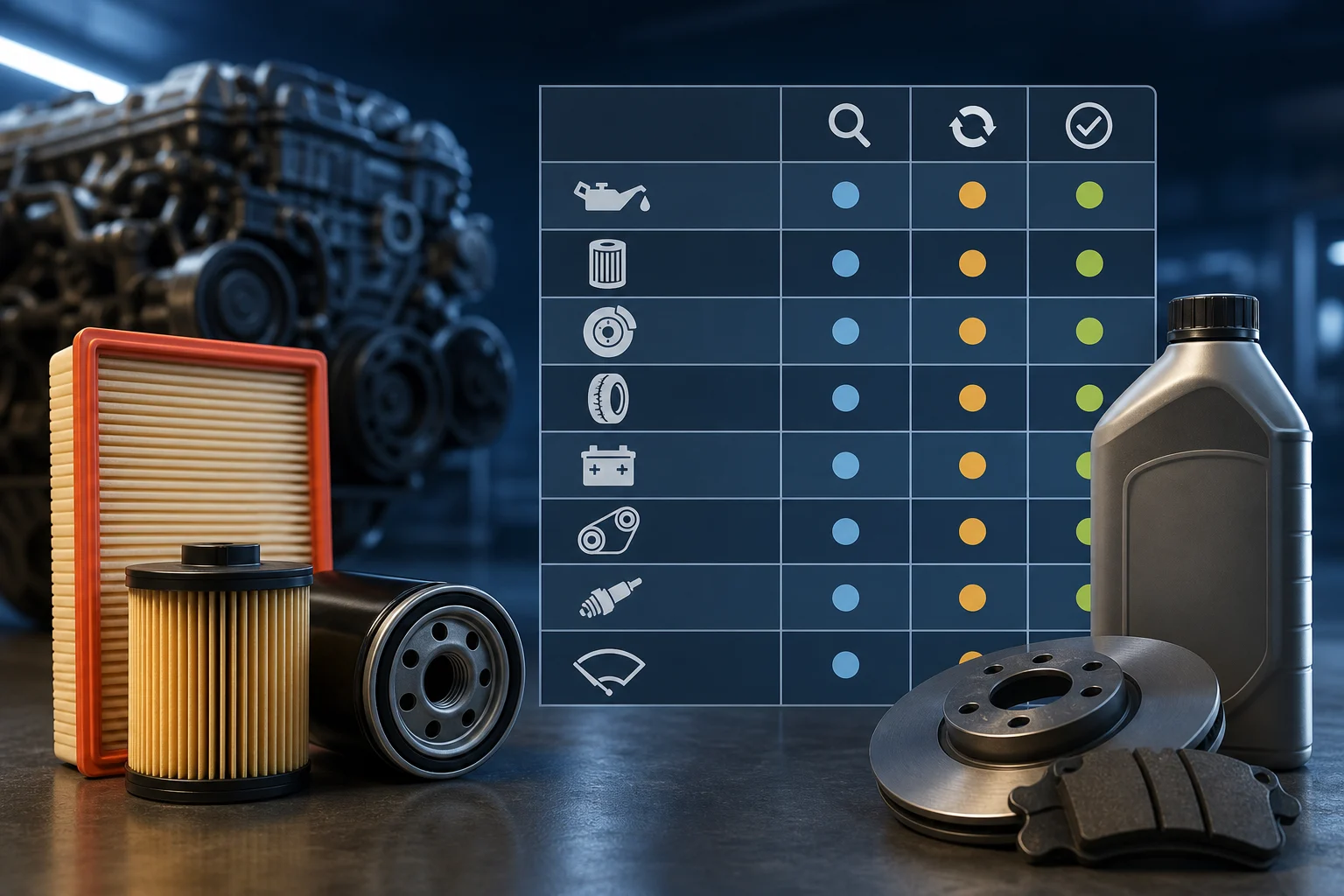Generic maintenance table alongside car filters and brake fluid.