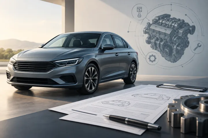 Documentazione tecnica aperta accanto a un'illustrazione schematica di un'auto