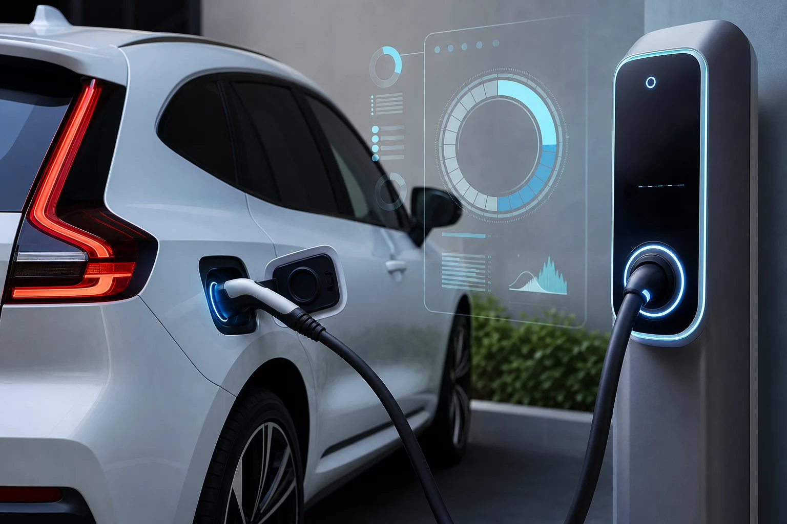 Electric car connected to a charger with a close-up of the connector and charging graphic elements.