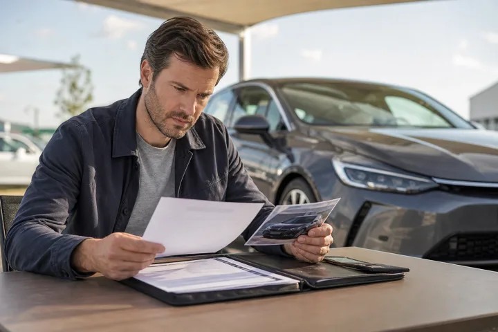 A buyer reviews the contract and documentation for a used car beside the parked vehicle.