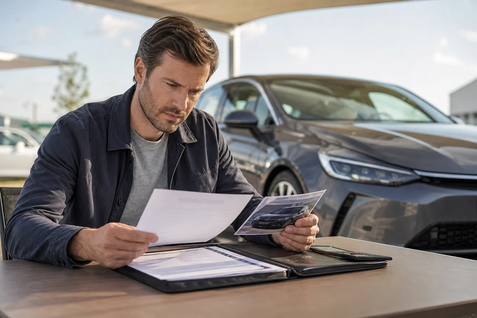A buyer reviews the contract and documentation for a used car beside the parked vehicle.