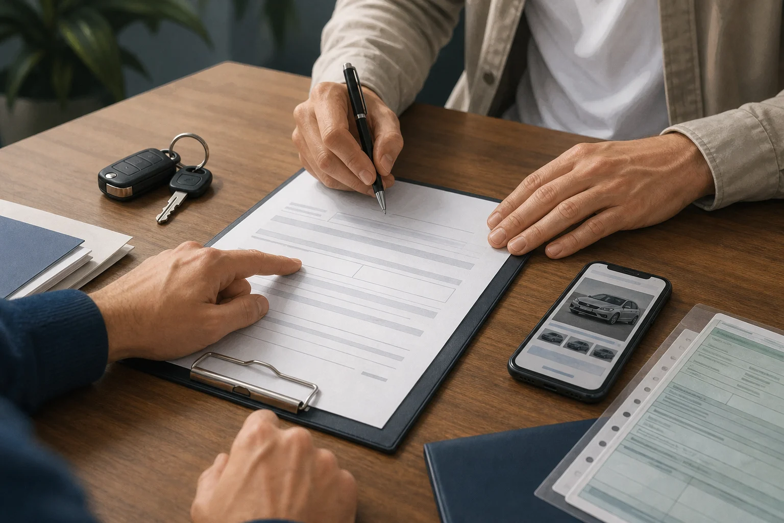 Contract, keys and used-car documentation on a table while the purchase is being reviewed.