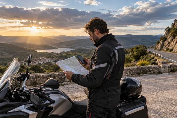 Motociclista fermo accanto a una strada rurale mentre consulta il percorso su una mappa